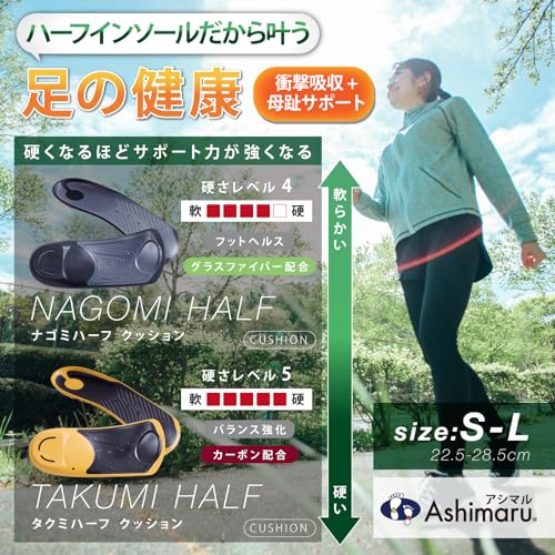 ASHIMARU Half Insole, Made in Japan, Thin Arch Support for All Shoes, Big Toe Support, Shock Absorption, Reduces Heel Pain in Knees, Hips, and Legs, P