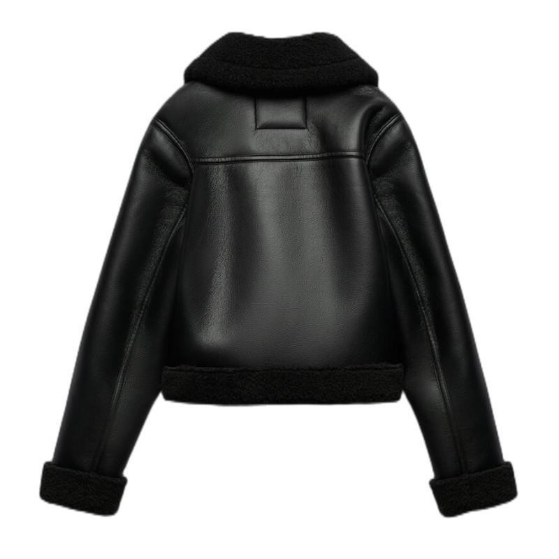 Dámská zimní ležérní bunda Bunda Zesílená Teplá Volný Kožich Dlouhý Rukáv Zip Retro Krátká Bunda