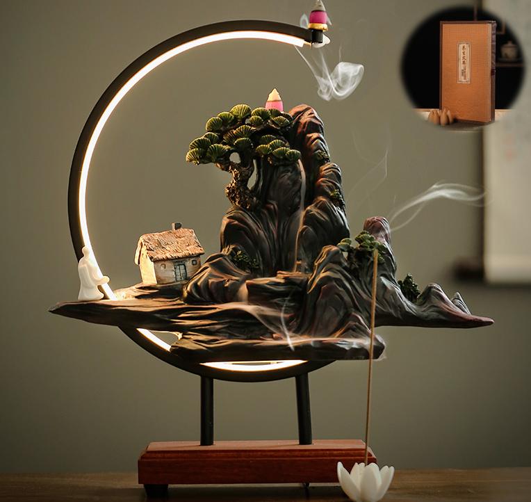 Zen High Mountains and Flowing Water Incense Burner,Sandalwood&Agarwood Incense Lamp for Tea Table Decoration