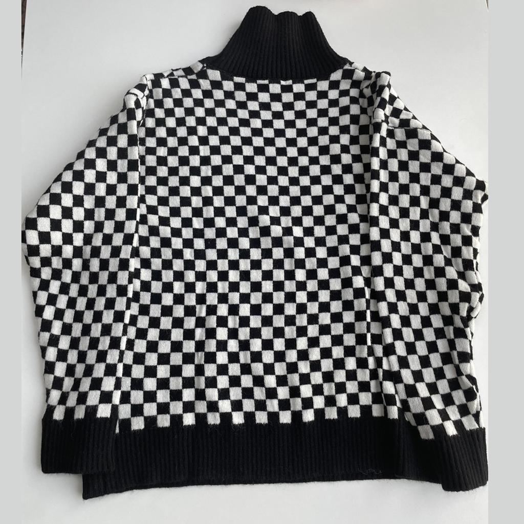 Women's Autumn and Winter Checkerboard Lapel Loose Knit Colour Block Sweater