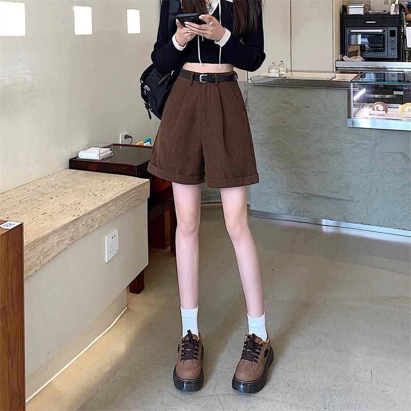 Corduroy Cuffed Straight Leg Shorts for Women - Autumn/Winter Loose Slimming Wide Leg Casual Pants