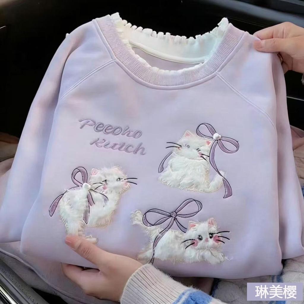 Mädchen Frühlings-Herbst Kapuzenpullover mit süßer Katzenstickerei, Look wie zweiteilig, Lässiges Oberteil
