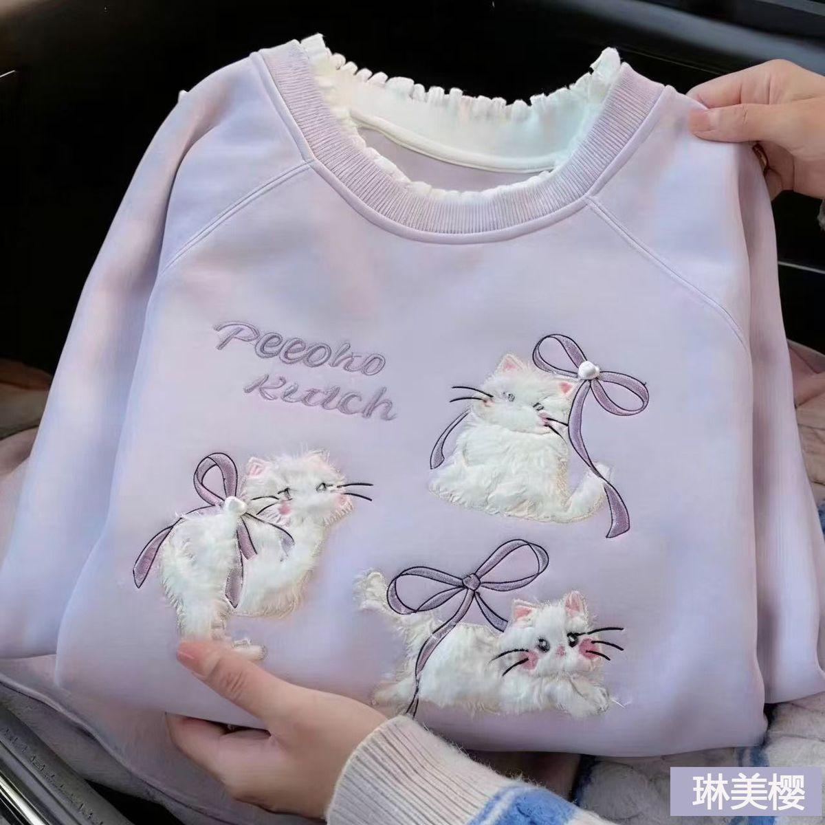 Girls Spring Autumn Hooded Sweatshirt with Cute Cat Embroidery Mock Two Piece Casual Top 110