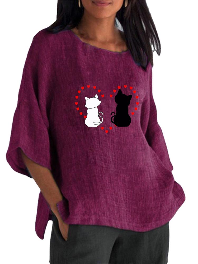 Damenmode O-Ausschnitt 3/4 Langarmshirt Frühling&Sommer Druck Baumwolle Leinen Bluse