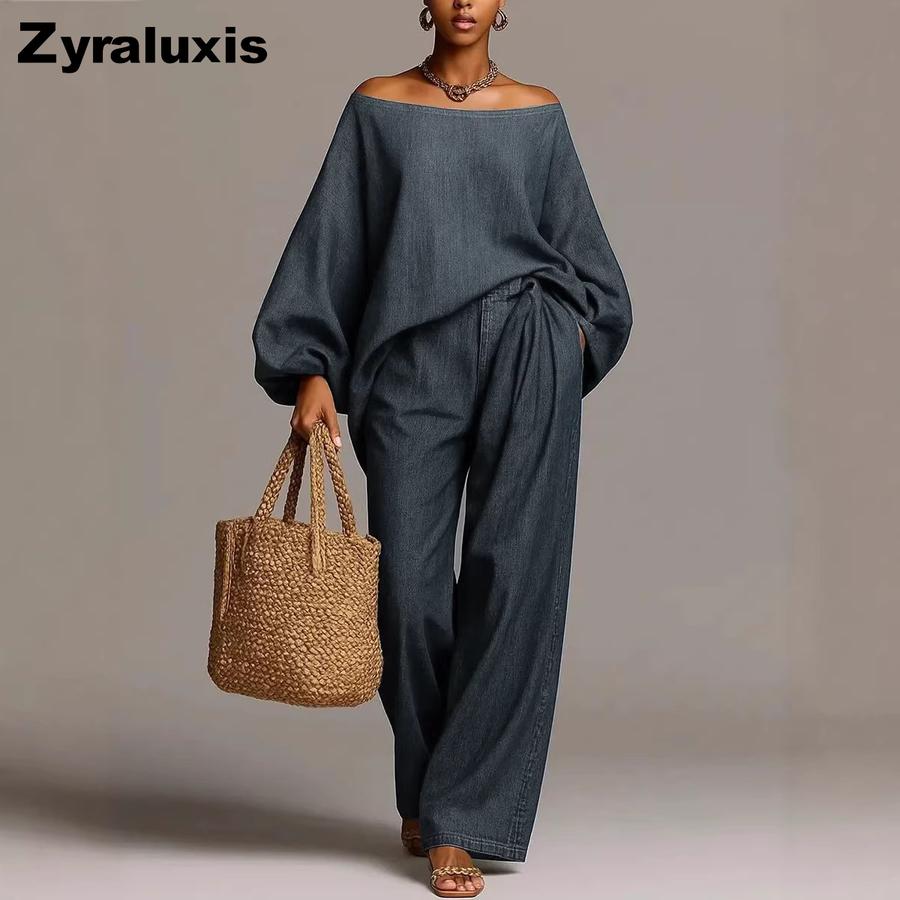 Women's New Fashion Fake Denim One-Shoulder Wide Leg Pants Two Piece Set Outfit