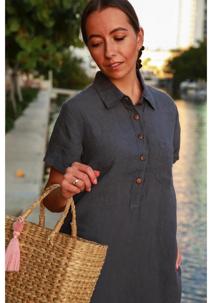 2022 European & American Style Cotton Linen Shirt Dress with Pockets and Buttons