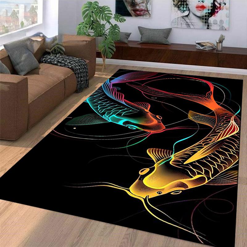 Colorful Koi Fish Pattern Carpet with Black Background, Modern Decor Suitable for use as an anti-slip for living room bedroom sofas