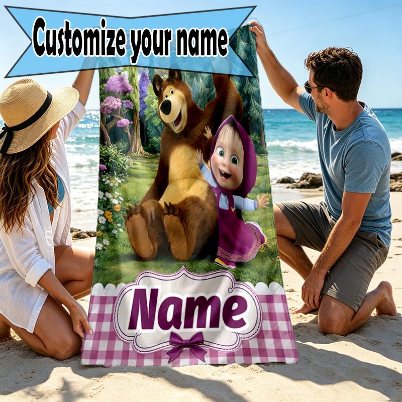 Asciugamano da Spiaggia Personalizzato con Nome Masha e Orso, per Viaggio Campeggio Festa in Spiaggia Decorazione Casa, Regalo di Compleanno per Famiglia e Amici