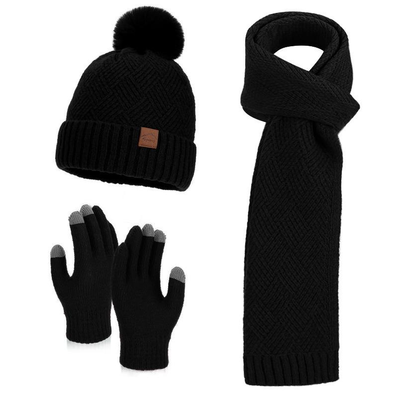 Winter Korean Style Fashion Knitted Wool Hat for Women Warm Hat Scarf and Gloves Three-Piece Set with Ear Protection Beanie