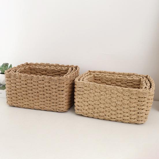 3Pcs Woven Storage Basket Natural Rattan Paper Rope Stackable Square Open Design for Kitchen Bedroom Living Room Bathroom Storage Organizers Home Tidy