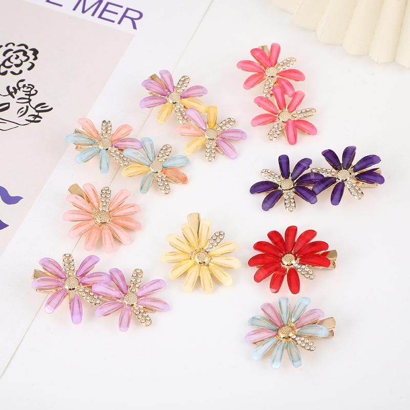 2PCS Fashionable Diamond Hair Clip Colorful Petal Hair Accessories Women's Side Duckbill Clip Hair Fringe Stylish Hairpins
