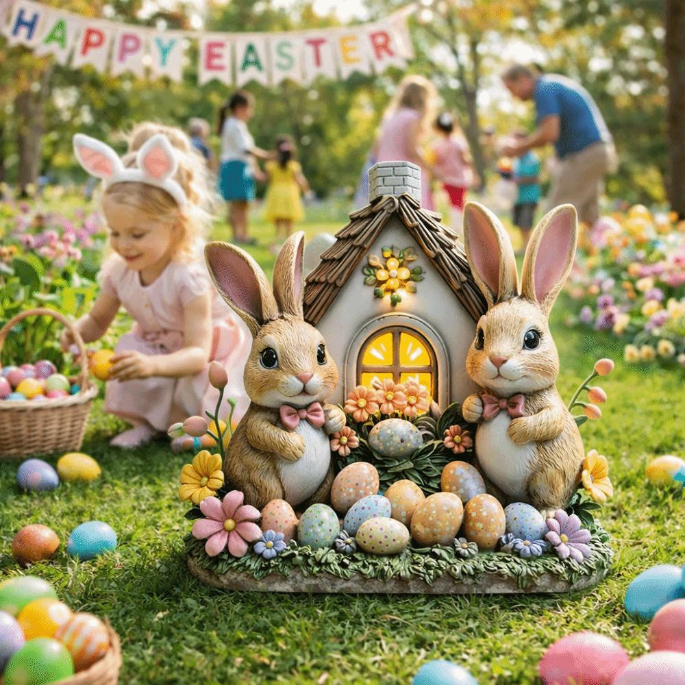 Easter Decor Easter Bunny Ornament 2D Flat Rabbit House Easter Party Desktop Ornament  Office Decor