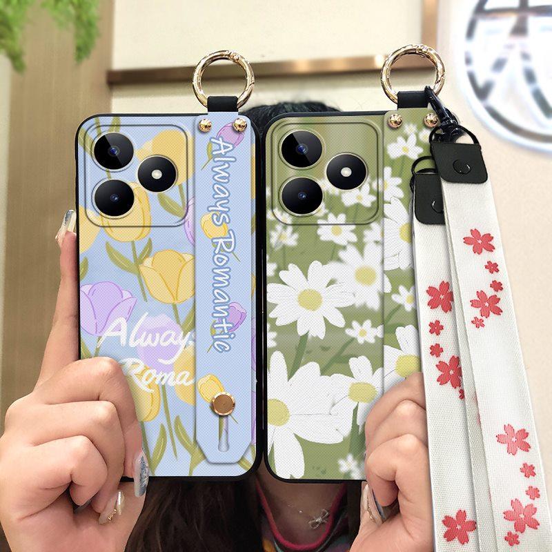 Back Cover Anti-knock Phone Case For Realme C53/Narzo N53 Wrist Strap Phone Holder Dirt-resistant Waterproof Ring Flower
