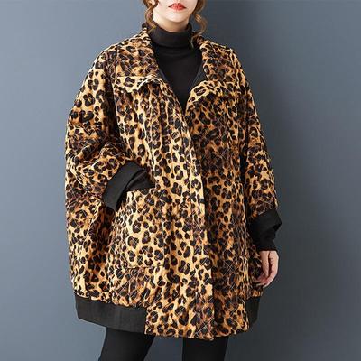 Long Sleeve Plus Size Vintage Leopard Cotton Outerwears Causal Loose Spring Autumn Women Jacket Coat