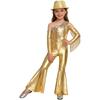 Girls Off Shoulder Jumpsuit Long Sleeve Sequin Tassel Detail Slit Bell Bottom Metallic Romper Hat Included