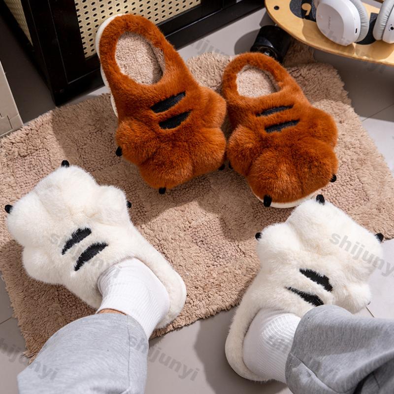Fashion Cute Cartoon Fluffy Slippers for Women Men Winter Warm Soft Plush Big Paw Anti-slip Couples Indoor Home Non-slip Warm Slippers
