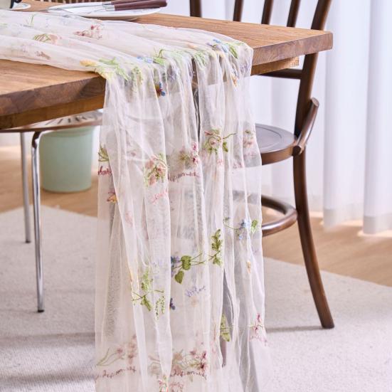 Bestickter Blumiger Tischläufer Transparenter Tüll Tischläufer Schmetterlingsblumen Tischläufer für Esstisch Hochzeit Babyparty Frühlingsfest