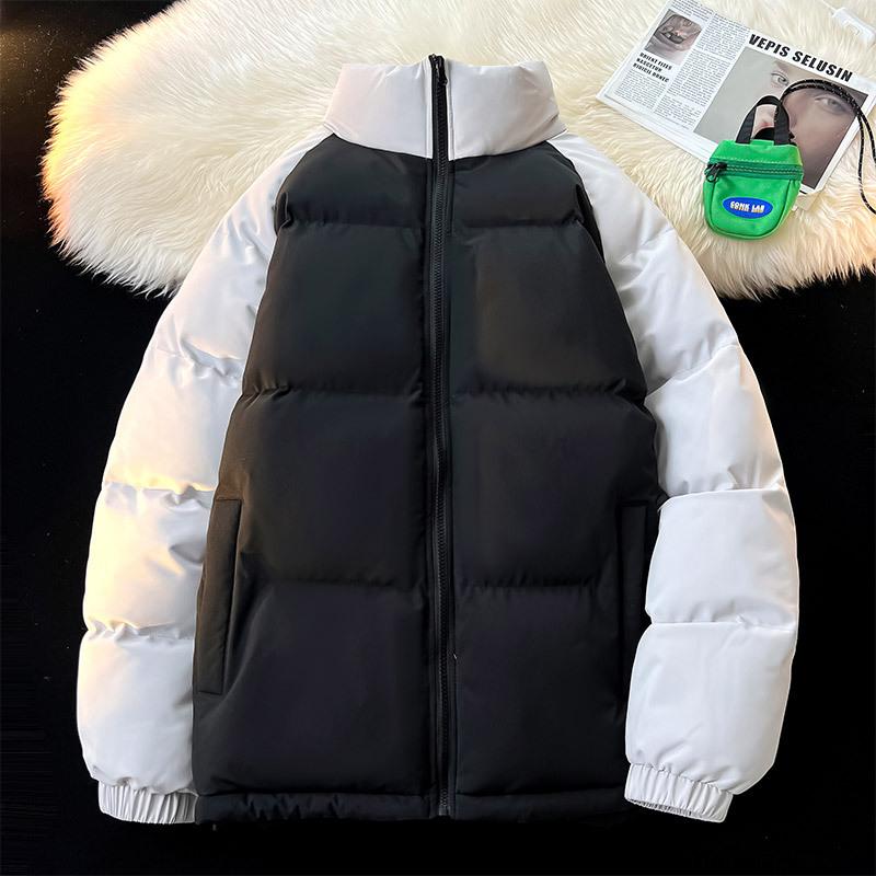 Men's White & Purple Color Block Puffer Jacket Stand Collar Warm Winter Coat