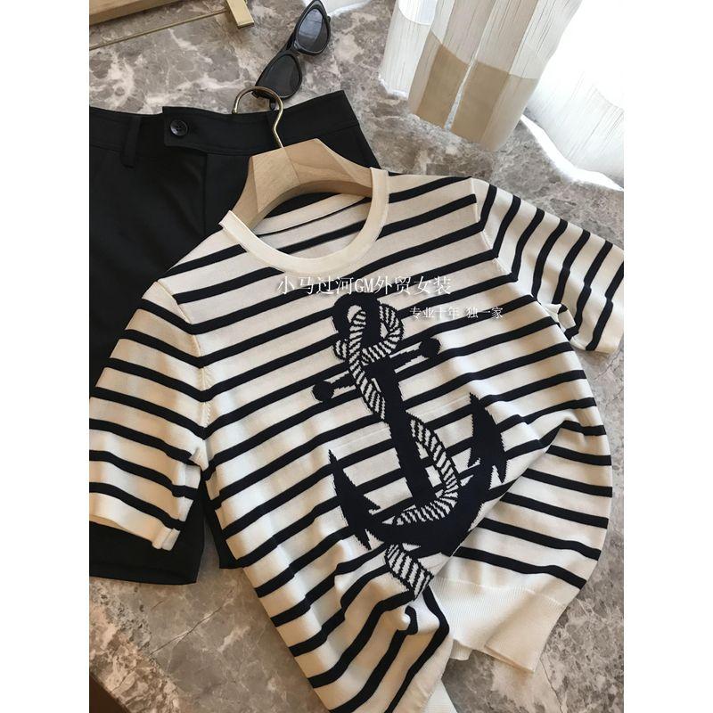 

Absolutely, Lanjing Tencel + Mulberry Silk!! Western Style Youthful-Looking ~ round Neck Anchor Stripe Slim Looking Short Sleeve Knitwear Women Picture Stripes M