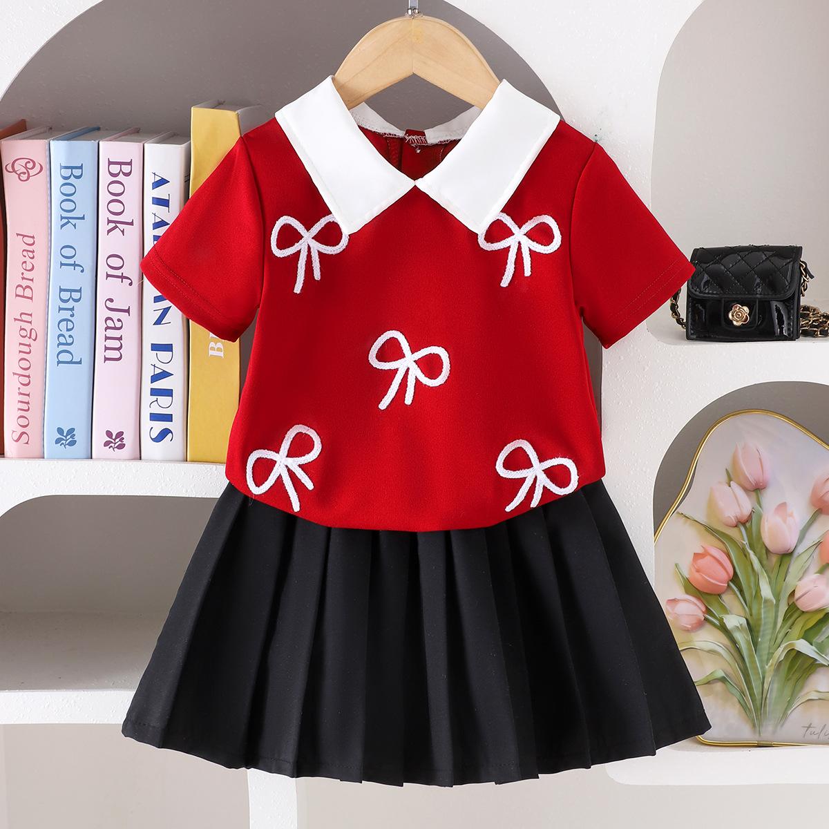 

Girls Fashionable Wine-red Outfit Summer Children s Princess Shirt and Black Pleated Skirt Set. 2-3Y бордовый