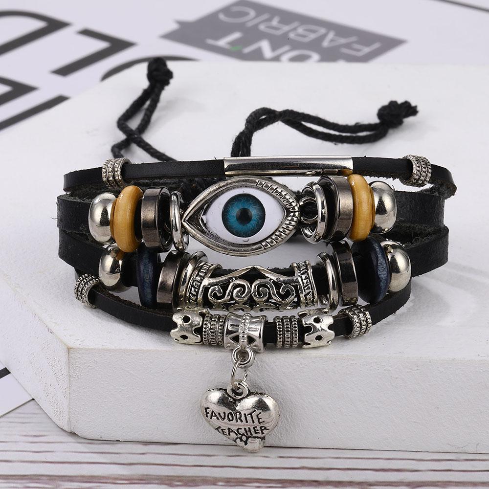 Personalisierter Charm Punk Handgewebte Blätter Mehrschichtiges Lederseil Klassisches Armband Lederschmuck