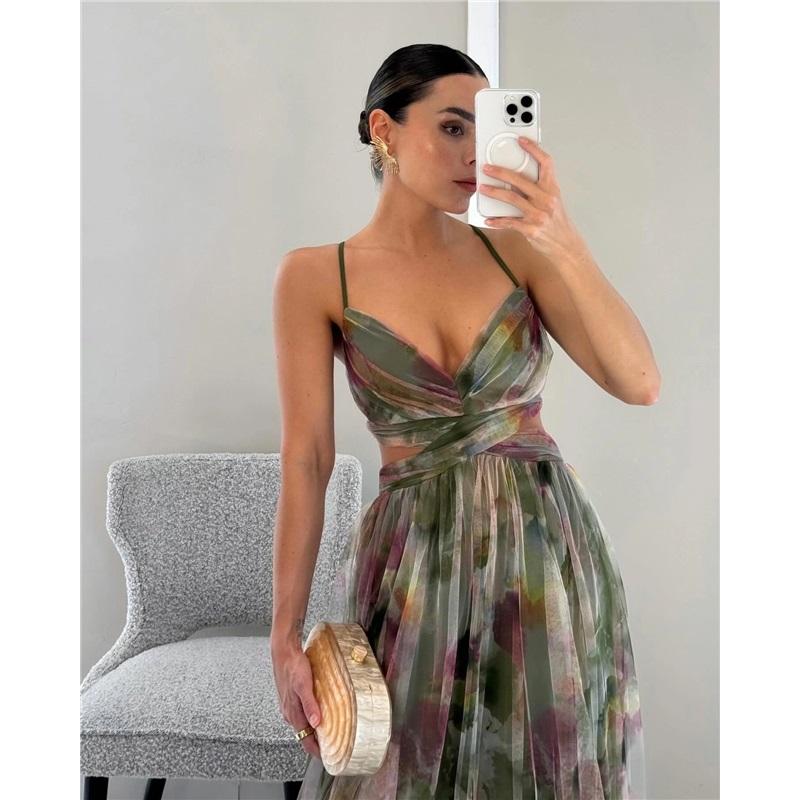 Women's New Mesh Printed Suspender Dress Summer Vacation Casual Party V-neck Waist Long Skirt
