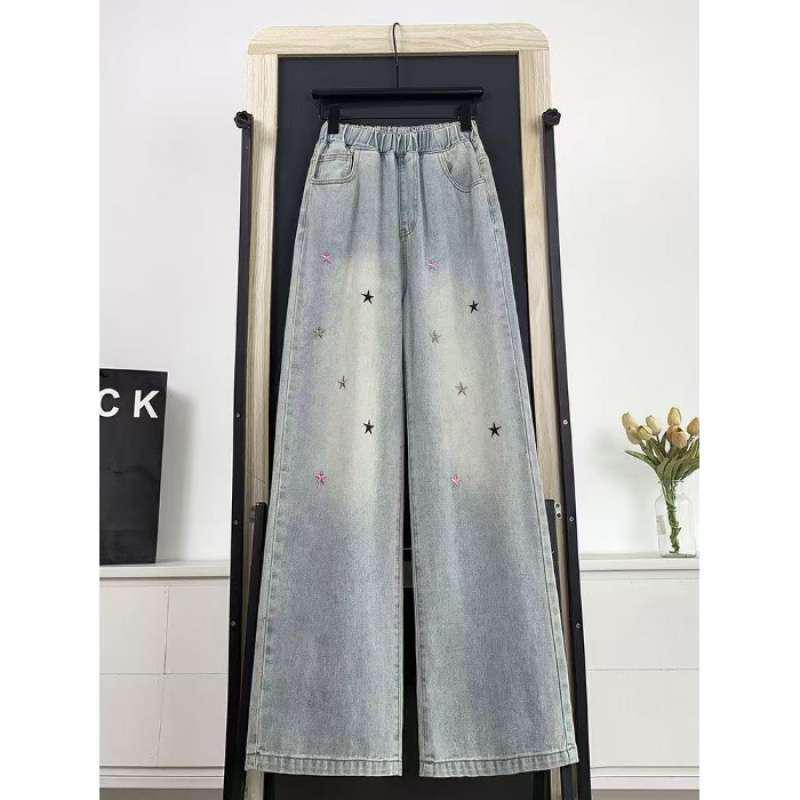 2026 Autumn Plus Size Junior Girls Retro Embroidered Wide-Leg Slimming Elastic Waist Jeans XL синий