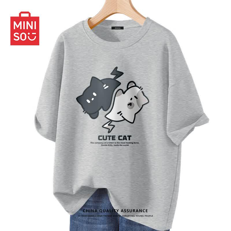 MINISO Men s Cartoon Cat Print 100% Combed Cotton T-Shirt 4XL