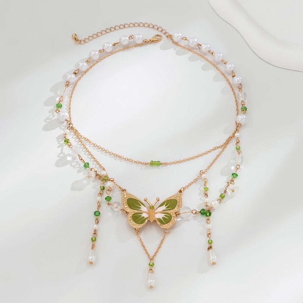 2Pcs Kpop Multilayer Lovely Butterfly Pendant Tassel Necklace Clip Earrings for Women Wed Bridal Exquisite Chain Y2K Jewelry Set