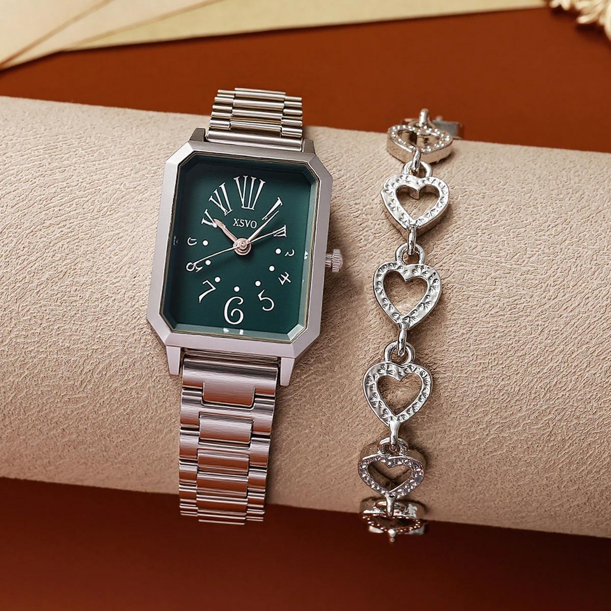 

Fashionable Small Creative Scale Square Dial Quartz Wristwatch with Diamond Heart Bracelet 2 Piece Set for Thanksgiving Christma зелёный
