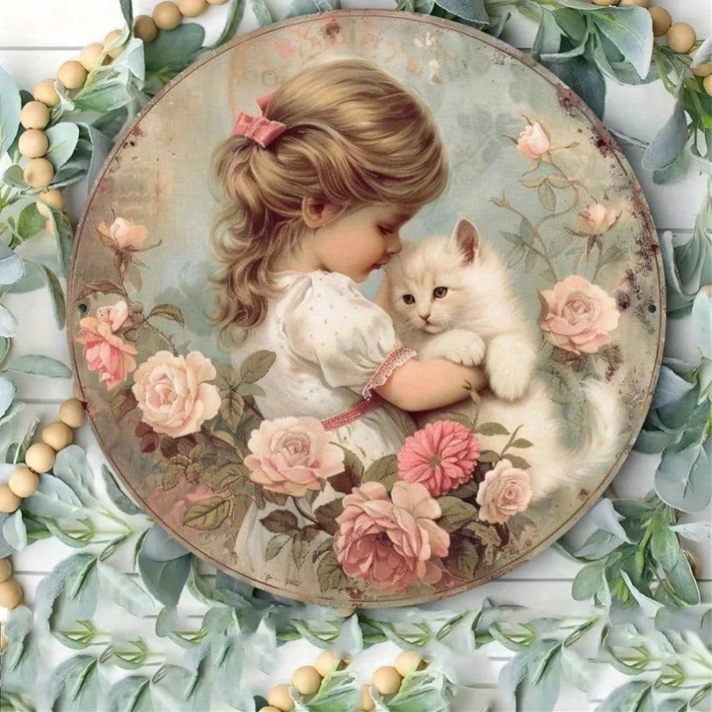 Vintage White Cat Floral Metal Sign, Retro Foil Print Wall Art for Home Kitchen Decor