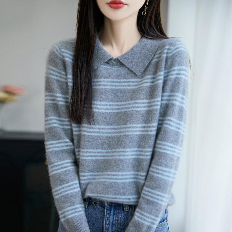 Women's 100% Pure Wool Striped Lapel Sweater - Autumn/Winter Loose Fit Knitwear