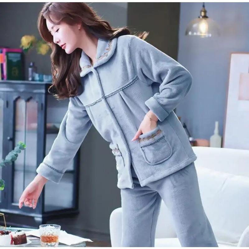 Thick Autumn Winter Warm Flannel Women Pyjamas Sets Long Sleeve Pijama Sleepwear Flannel Women Pajamas Set Home Wear