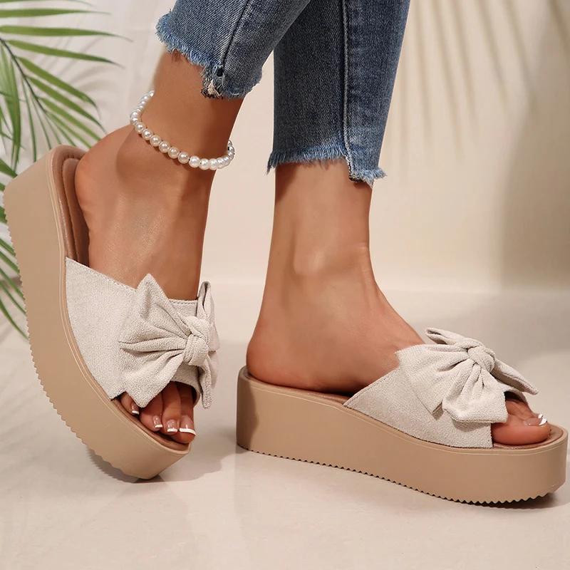 Módní Elegantní Mašle Dámské Robustní Platformové Pantofle Léto Protiskluzové Sandály s Otevřenou Špičkou Žena Plus Size Semiš Tlustá Podrážka Nazouváky Dáma