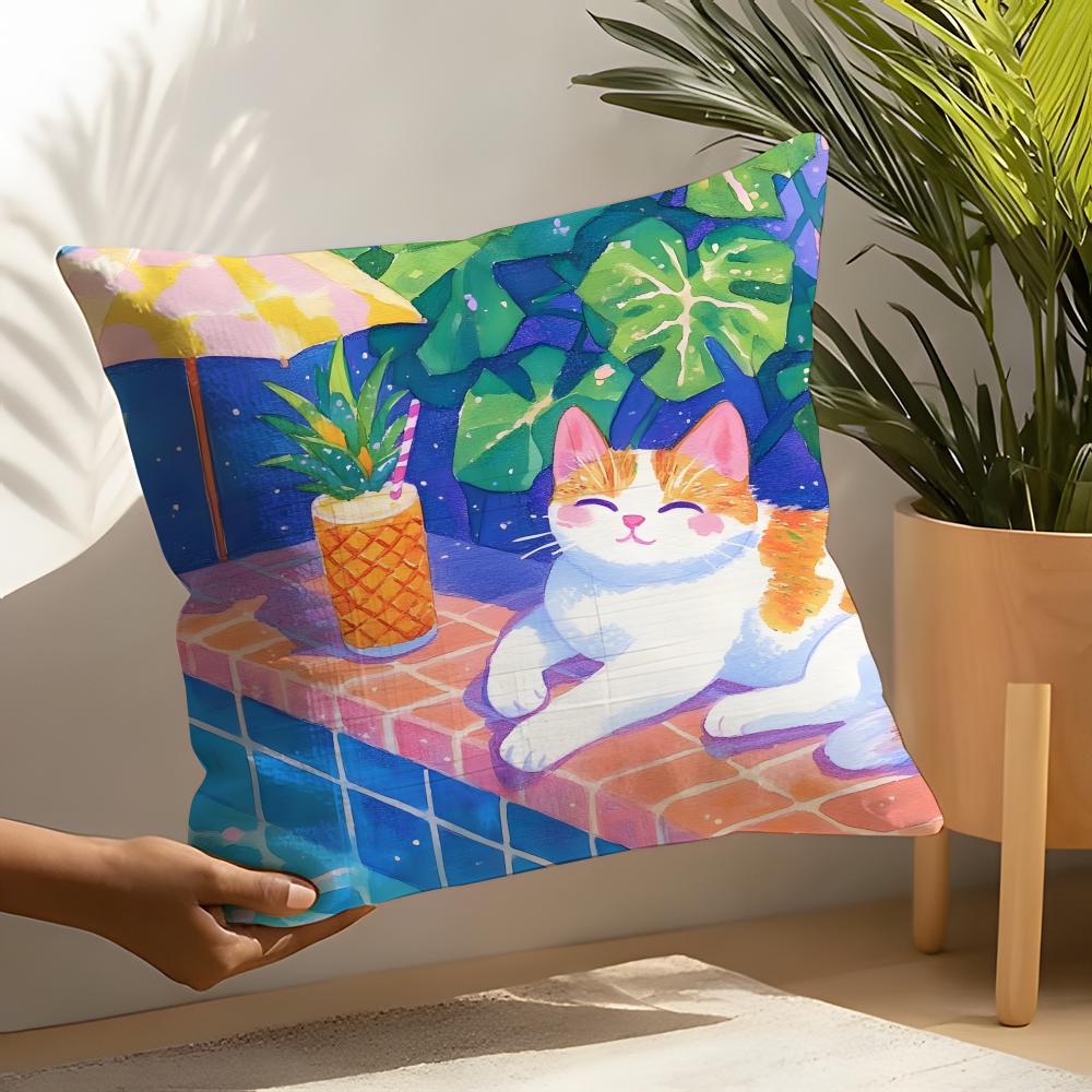 2 Cute Cat Illustrations Pillow Case Home Living Room Decoration Linen Pillowcover Pillow Cases Cushion Cover