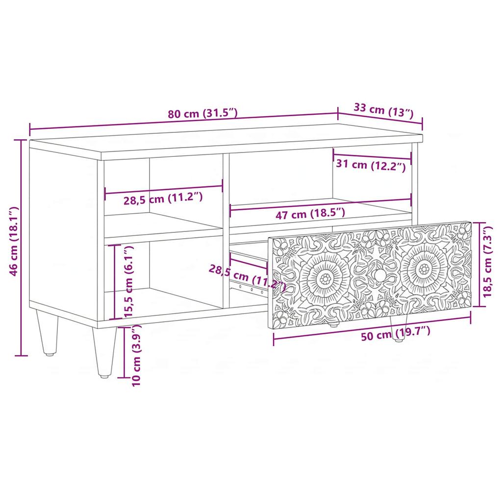 TV Cabinet with Shelf White 80 x 33.5 x 46 cm Solid Mango Wood