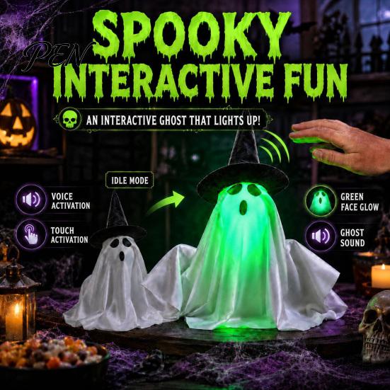 Outdoor Hanging Ghost Decor Electric Lifting Halloween Decoration with Voice/Remote Control, Interactive Scary Glowing Haunted House Party Supplies