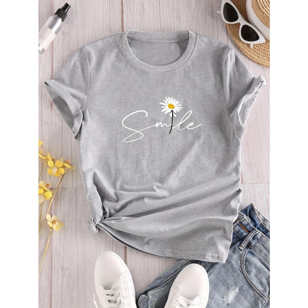 

Flower & Letter Print Crew Neck T-Shirt Casual Short Sleeve T-Shirt for Summer Women s Clothing Comfortable Soft Creative Tops S