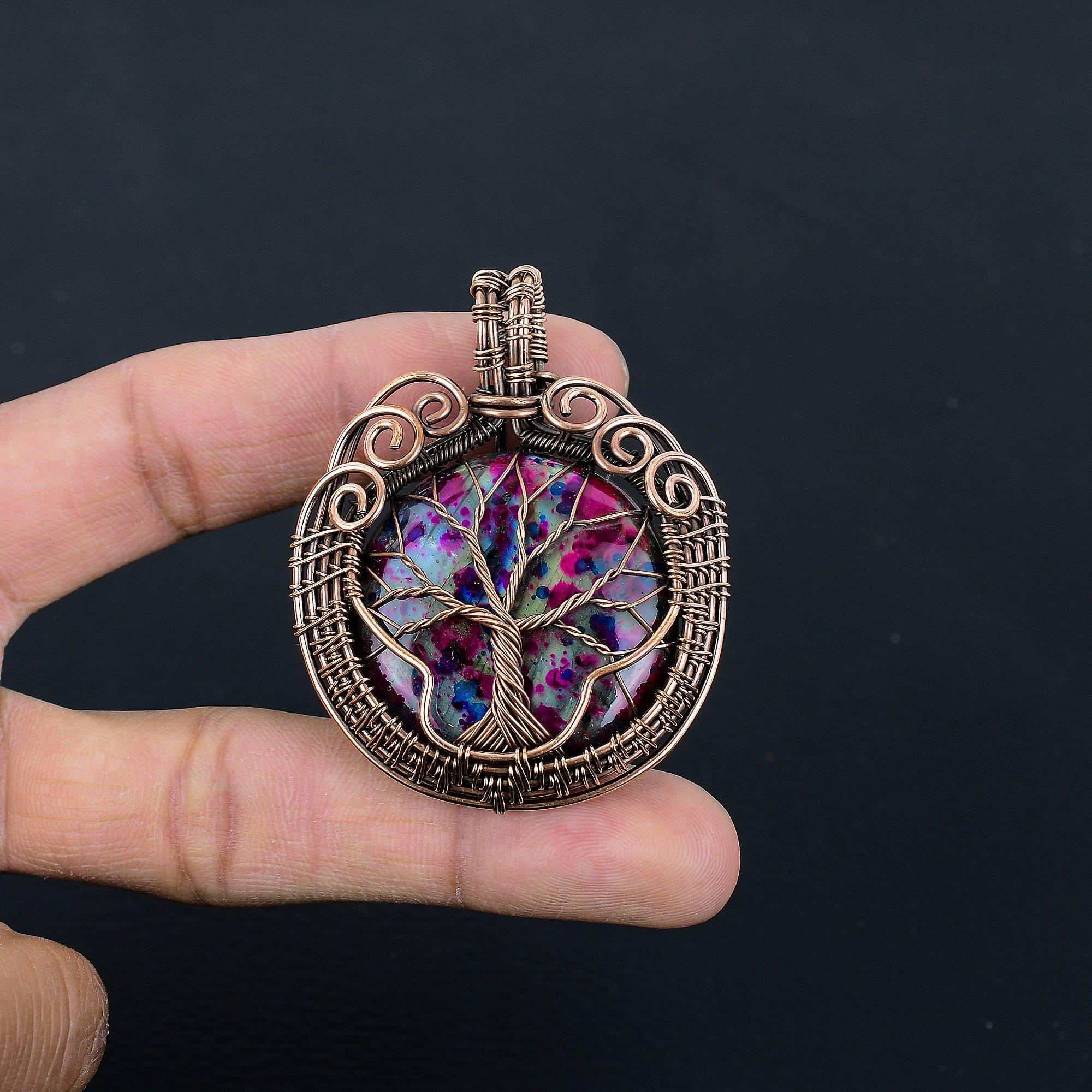 

Tree Of Life Multi Fire Labradorite Pendant Gemstone Jewelry, 999 Copper Wire Wrapped Pendant, Gift For Women Handmade Pendant 2.55 Inches
