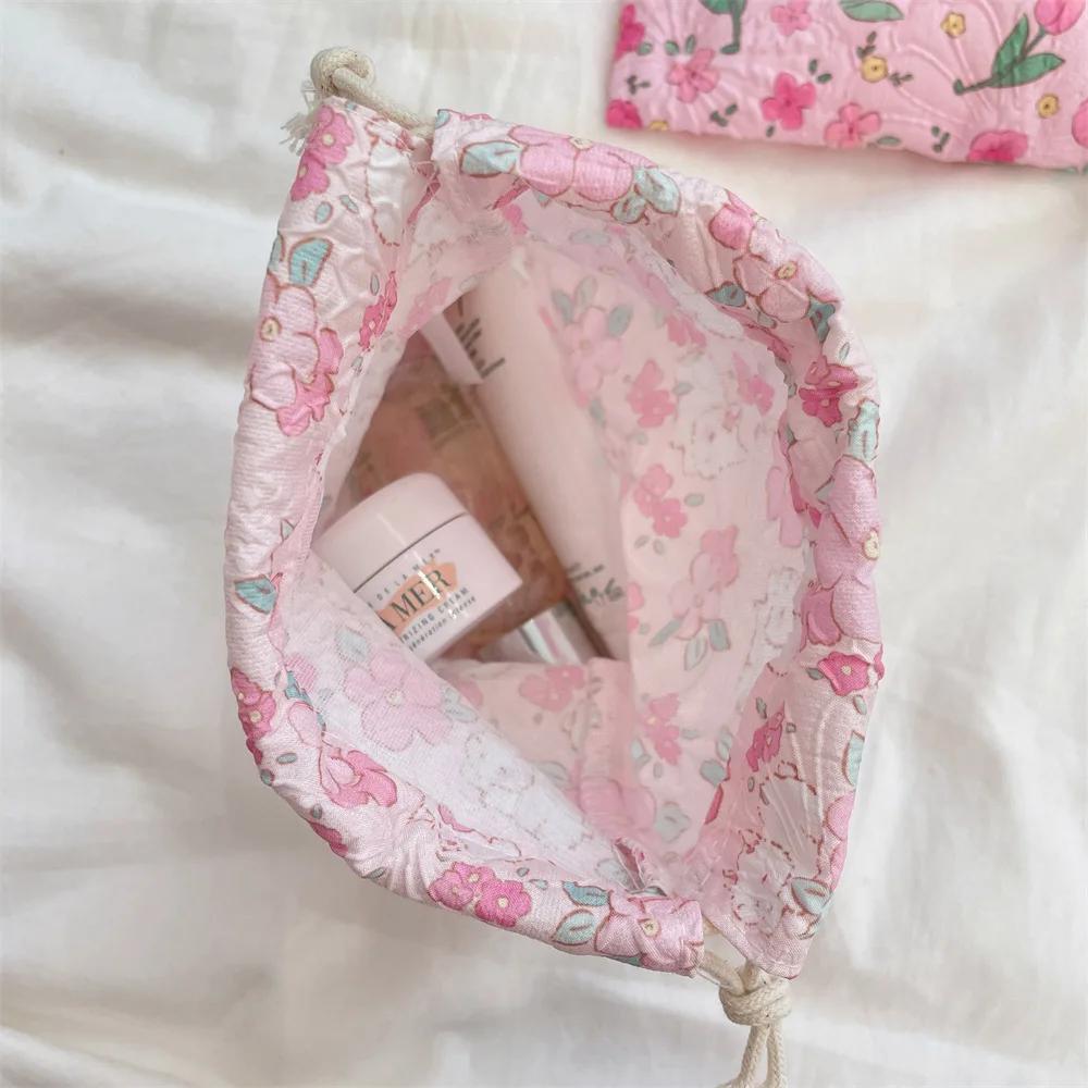 Cute Cartoon Bear Ladies Mini Drawstring Bags Retro Flower Women's Cosmetic Storage Bag Portable Sweet Female Coin Purse Handbag