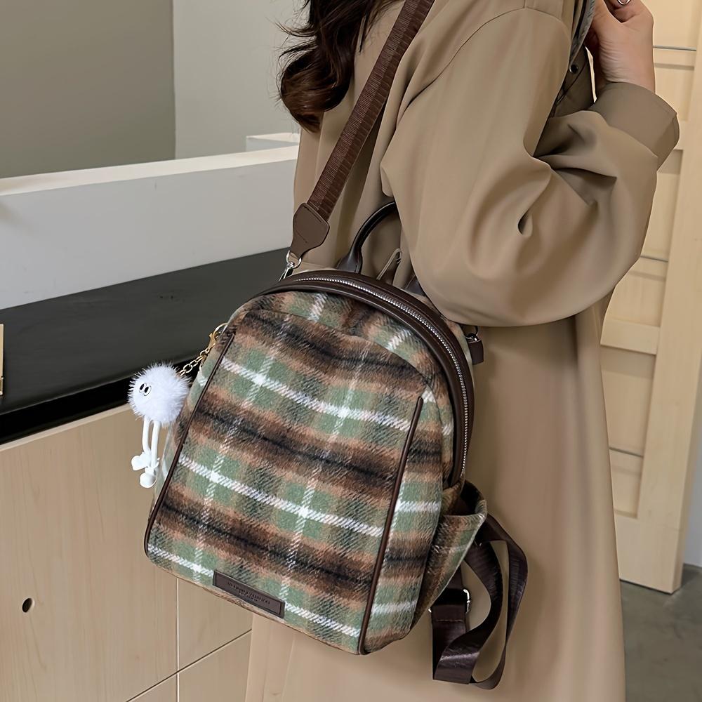 Casual Vintage Plaid Nylon Backpack for Women Large Capacity Zippered Adjustable Shoulder Straps Polyester Lined Carry-Over Daypack