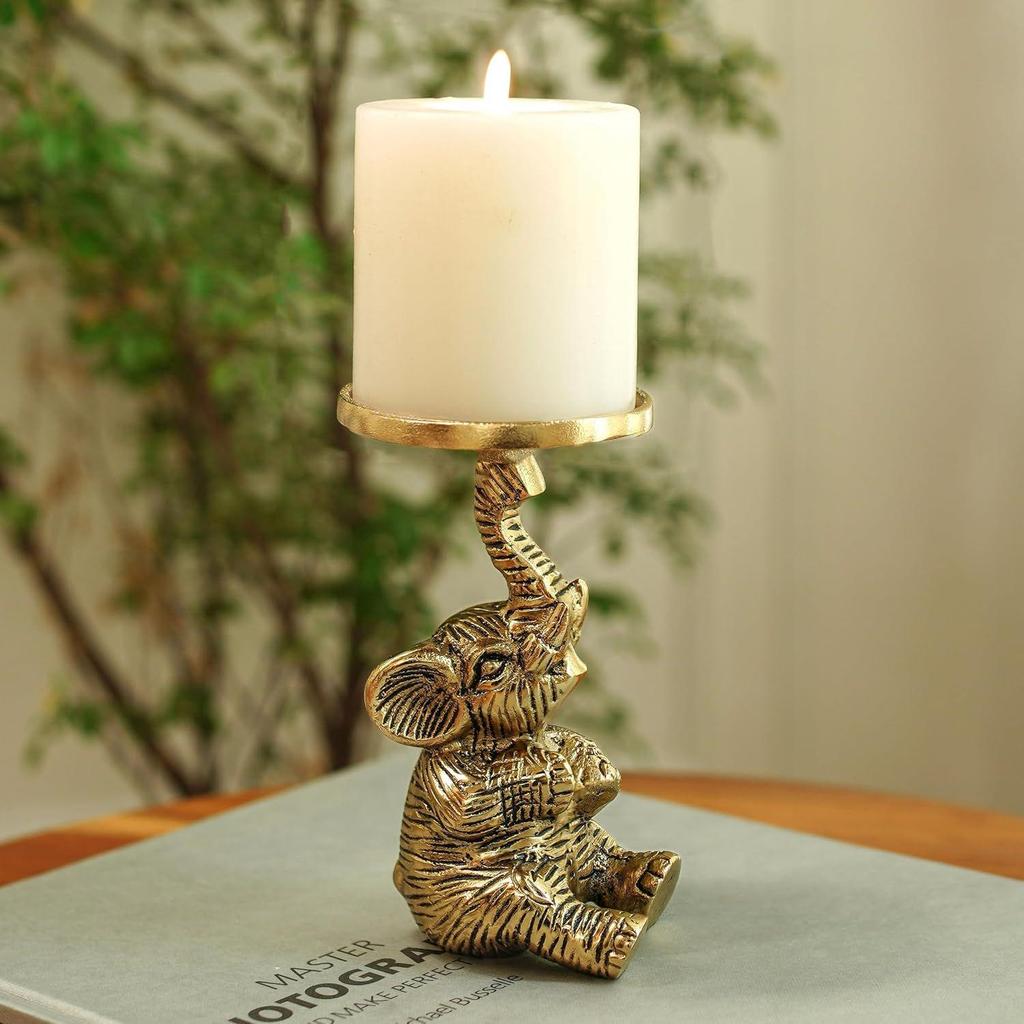 Metal Elephant Pillar Candle Holder Statue, Gold, 8 x 8 Cm