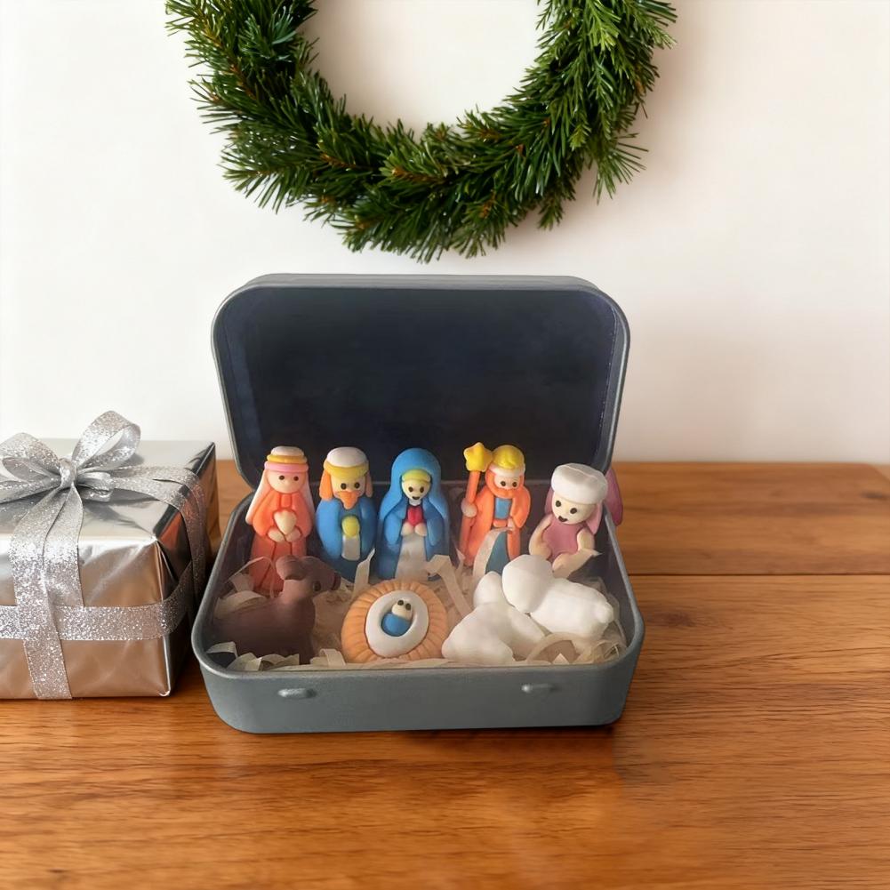 Mini Nativity Scene Figurine In Tin Box Pocket Birth Of Jesus Ornament Christmas Sheep Statue Home Desk Shelf Office Decor