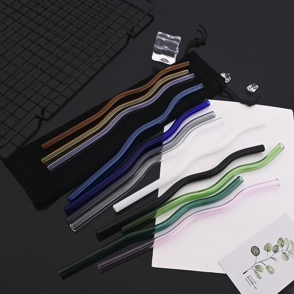 Wavy Glass Straws 11pcs Multicolor Reusable Glass Drinking Straws with Black Pouch for Drinking Beverages Coffee Milk Tea