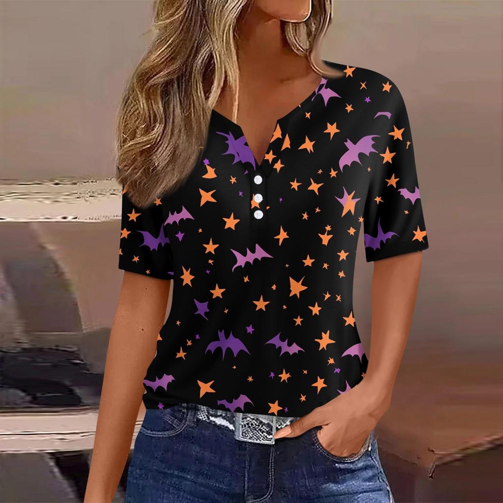 Damen T-Shirt Halloween Bedruckt Knopf Kurzarm Tunika Täglich Wochenende Mode Basic V-Ausschnitt Reguläres Oberteil