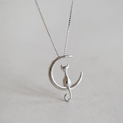 Korean 925 Silver Moon Cat Necklace - Women's Clavicle Chain Jewelry