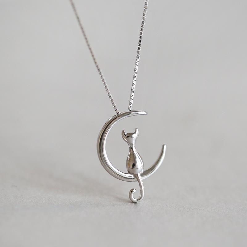 

Корейское серебряное ожерелье 925 пробы с кошкой и луной - Женское украшение-цепочка для ключицы Moon Cat Pendant [Chain Not Included]
