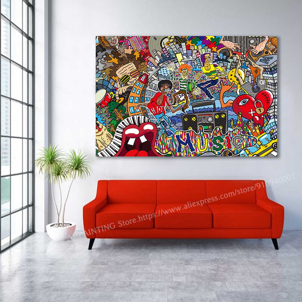 

2022 Новый граффити Музыка Город Коллаг Настенное искусство Картина Холст Декоративная живопись Абстрактный хип-хоп арт плакат Quadro Домашний декор