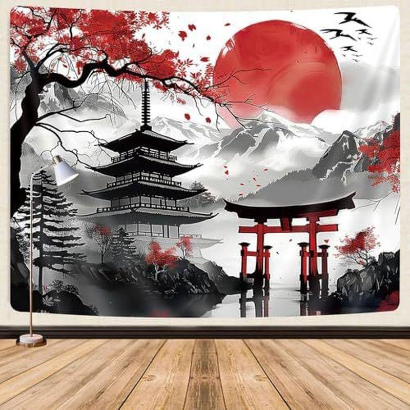 Japanische Tuschemalerei Wandteppich, Polyester Orientalisches Wandbehang, Ästhetische Schlafzimmer Wohnzimmer Atmosphäre Dekor, Geschenk
