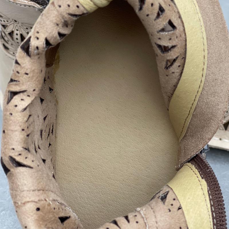 Johnature Stivali Estivi Artigianali Vintage in Vera Pelle Punta Tonda Piatta Traspiranti Traforati Scarpe da Donna